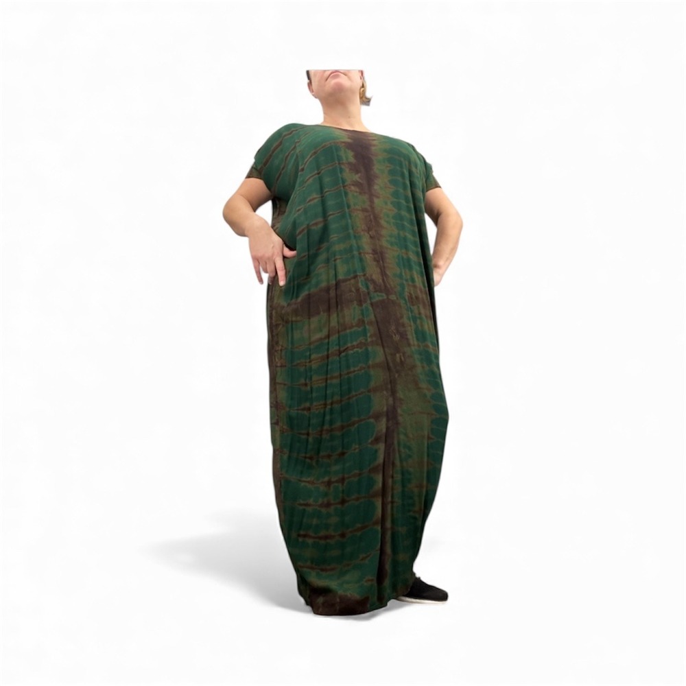 Vtg Bohemian Tie Dye Maxi Dress Green Kaftan OS Loose Fit Lagenlook Hippie XL